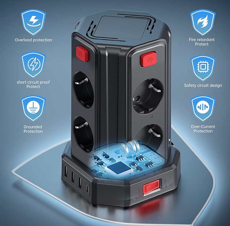 Details Test Tour Multiprise Sameriver 8 Prises et 4 USB avec 4 Interrupteurs Indépendants
