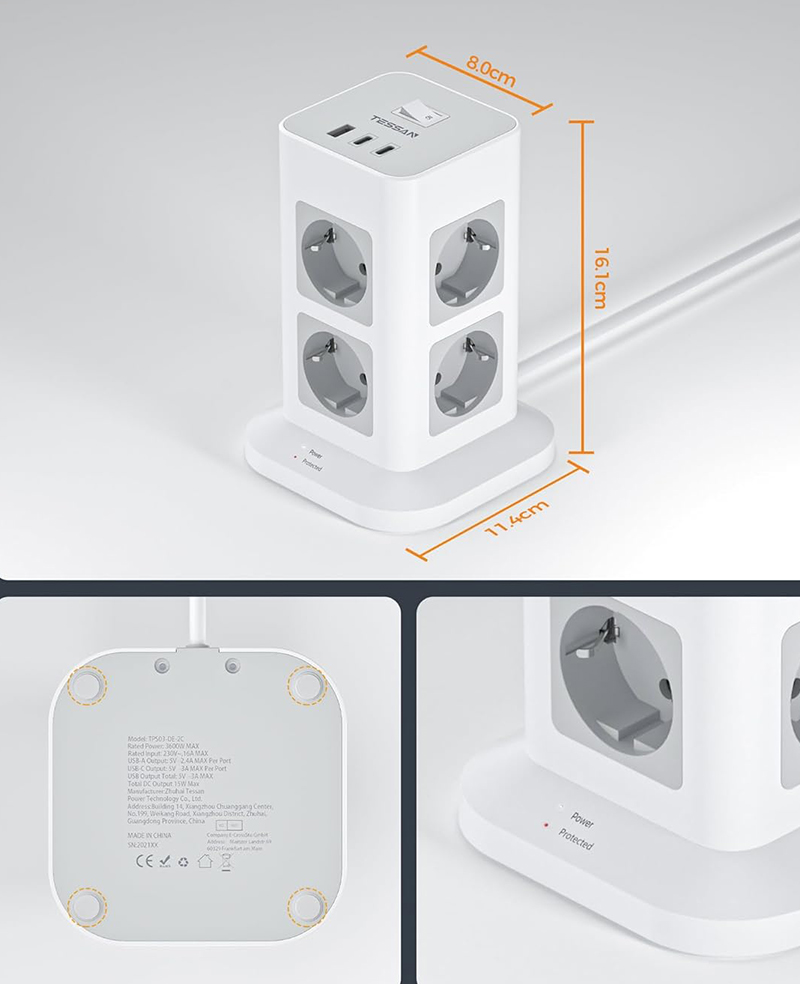 Dimensions Test Tour Multiprise TESSAN 8 Sortie AC avec 3 USB Parafoudre et Surtension