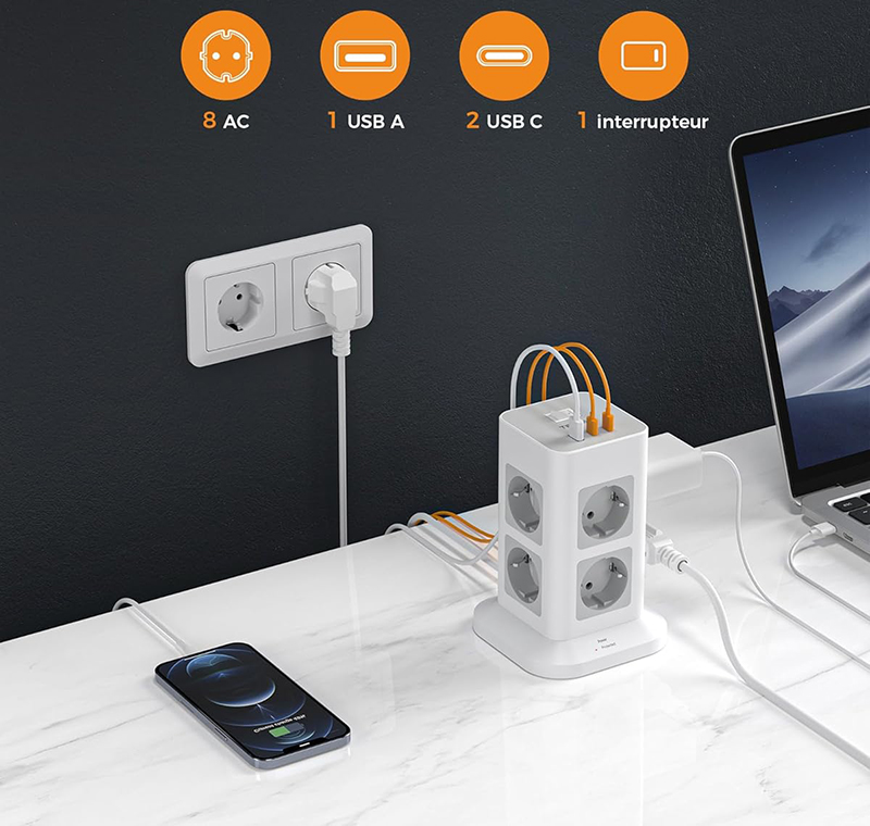 Test Tour -Multiprise TESSAN 8 Sortie AC avec 3 USB Parafoudre et Surtension