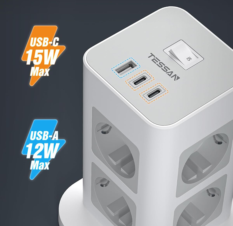 Test Tour Multiprise TESSAN 8 Sortie AC avec 3 - USB Parafoudre et Surtension